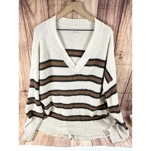 American Eagle XLARGE Oversized Women Sweater VNeck Beige Brown Striped XL